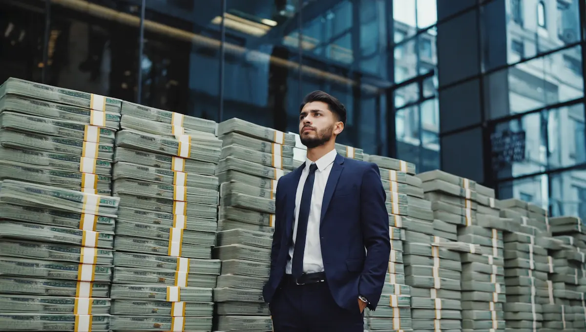 A businessman in a navy blue suit and tie stands next to tall stacks of US dollar bills against the backdrop of a modern glass office building. The stacks of money are neatly bundled with paper bands. He has one hand in his pocket and appears to be looking thoughtfully into the distance.